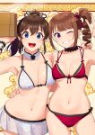  2girls ahoge bamboo_steamer bangs bikini bikini_skirt blue_eyes breasts brown_hair collarbone drill_hair hair_between_eyes high_ponytail highres idolmaster idolmaster_million_live! idolmaster_million_live!_theater_days kamille_(vcx68) large_breasts long_hair looking_at_viewer medium_breasts multiple_girls navel one_eye_closed open_mouth purple_eyes red_bikini satake_minako see-through see-through_skirt side_drill side_ponytail skirt smile stomach swimsuit white_bikini yokoyama_nao 