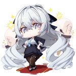  1girl 2boys black_footwear black_jacket black_skirt blush_stickers breasts bronya_zaychik brown_pantyhose chibi cleavage commentary_request drill_hair full_body grey_eyes grey_hair grey_shirt hair_intakes honkai_(series) honkai_impact_3rd jacket large_breasts long_hair long_sleeves looking_at_viewer miniskirt multiple_boys open_clothes open_jacket pantyhose ribbed_shirt shirt shoes simple_background skirt standing thigh_strap very_long_hair white_background xfate 