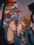  1boy :&lt; android animal_ears aru_(aru7g) blue_eyes blurry blurry_foreground body_fur brown_fur cabbie_hat damaged dog_boy dog_ears dog_tail film_grain floppy_ears furry furry_male hat highres injury looking_at_viewer male_focus mechanical_parts nude original purple_sky red_hat short_hair sky solo standing tail torn_clothes undressing white_hair wire 