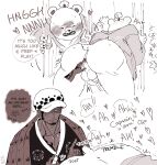 2024 anthro backsack balls bear bepo_(one_piece) blush butt clothing duo ear_piercing ear_ring english_text genitals hat headgear headwear heart_symbol hi_res human mammal minkmen_(one_piece) nekokat42 one_piece penis piercing polar_bear ring_piercing tattoo text trafalgar_law ursine