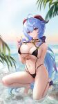  1girl absurdres ahoge bangs bare_legs barefoot bell bikini black_bikini black_choker blue_hair blue_nails breasts choker cleavage closed_mouth full_body ganyu_(genshin_impact) genshin_impact hair_between_eyes head_tilt highres horns large_breasts liu_liaoliao long_hair looking_at_viewer multi-strapped_bikini nail_polish navel neck_bell one_knee outdoors smile solo stomach string_bikini swimsuit toenail_polish toenails very_long_hair water 