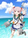  1girl adapted_turret apron badge blue_sailor_collar blue_skirt blue_sky cannon cloud commentary_request cowboy_shot dated day foreshortening frilled_skirt frills hair_bobbles hair_ornament horizon kantai_collection kneehighs looking_at_viewer machinery ocean outdoors pink_eyes pink_hair puffy_short_sleeves puffy_sleeves rabbit sailor_collar sazanami_(kancolle) sazanami_kai_(kancolle) school_uniform serafuku short_hair short_sleeves skirt sky smile smokestack socks takamura_tabisuke thighhighs torpedo_launcher turret twintails twitter_username white_thighhighs wrist_cuffs 