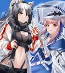  2girls animal_ear_fluff animal_ears arknights bag bangs black_bow black_hair black_scarf blue_dress blunt_bangs bow breasts brown_eyes cat_ears ceylon_(arknights) cleavage closed_mouth coat coat_on_shoulders crop_top cup day disposable_cup dress feather_hair gloves gradient_hair grey_hair hair_bun hat hat_bow highres holding holding_cup holding_umbrella long_hair looking_at_viewer lucy_(rusi-juren328) multicolored_hair multiple_girls navel open_clothes open_coat outdoors parasol parted_lips photoshop_(medium) pink_hair ponytail revealing_clothes scarf schwarz_(arknights) see-through shoulder_bag single_hair_bun single_side_bun smile stomach umbrella upper_body white_coat white_gloves white_headwear yellow_eyes 
