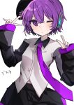  1girl absurdres blush collared_shirt double_v hat highres long_sleeves nail_polish necktie nekoyana_(neko_8n) one_eye_closed purple_eyes purple_hair robot_ears shirt short_hair solo utane_uta utau v 