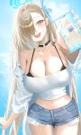  1girl :d alternate_costume asuna_(blue_archive) bare_shoulders black_choker blue_archive blue_eyes blush bra_strap breasts cellphone choker cleavage commentary cowboy_shot cutoffs denim denim_shorts grey_hair hair_over_one_eye halo haruri highres holding holding_phone large_breasts long_hair looking_at_viewer midriff navel off_shoulder open_clothes open_mouth open_shirt phone shirt short_shorts shorts smartphone smile solo standing stomach strapless tube_top very_long_hair white_shirt 