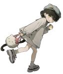  1girl absurdres bad_id bad_twitter_id bag beret black_hair blue_hat blush bow buttons cat_tail cup disposable_cup dress drinking_straw full_body hat hat_bow hello_kitty hello_kitty_(character) highres holding holding_bag holding_cup mormormorp original running sailor_collar sanrio shoes sneakers socks solo tail turning_head yellow_eyes 