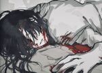  1boy bangs black_hair blood blood_on_clothes blood_on_face brown_eyes cloak constantine_xi_(fate) fate/grand_order fate_(series) gloves hair_over_one_eye huzishiro light_smile long_hair looking_at_viewer lying male_focus on_stomach parted_bangs parted_lips shirt solo upper_body white_cloak white_gloves white_shirt 