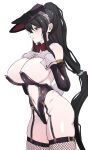  1girl absurdres animal_ears black_eyes black_hair black_leotard blush boaplant_feeder bow bowtie breasts cleavage clothing_cutout commentary detached_collar detached_sleeves fake_animal_ears fake_tail fishnets from_side fubuki_(senran_kagura) garter_straps gloves hair_tie hands_on_own_chest high_ponytail highleg highleg_leotard highres large_breasts leotard long_hair navel navel_cutout open_mouth pale_skin playboy_bunny ponytail rabbit_ears rabbit_tail red_bow red_bowtie senran_kagura senran_kagura_new_link sideboob simple_background skindentation solo strapless strapless_leotard tail thighhighs traditional_bowtie white_background worried wrist_cuffs zipper 