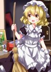  1girl :d apron ascot black_dress blonde_hair bow broom bucket cleaning_maid_(touhou) clock collared_dress commentary_request dress frilled_apron frilled_dress frills grandfather_clock highres holding holding_broom maid_apron medium_hair open_mouth portrait_(object) portrait_of_exotic_girls puffy_short_sleeves puffy_sleeves ruu_(tksymkw) short_sleeves smile solo sweatdrop touhou waist_bow water white_apron white_ascot white_bow yellow_eyes 
