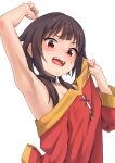  1girl arm_up armpits bare_shoulders belt_collar black_hair blush breasts cleavage clothes_pull collar dress dress_pull highres kono_subarashii_sekai_ni_shukufuku_wo! looking_at_viewer megumin open_mouth red_dress red_eyes simple_background solo strapless strapless_dress syagare upper_body white_background 