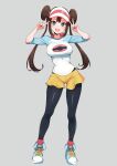  1girl black_pantyhose blue_eyes breasts double_bun double_v flower grey_background hair_bun highres kamidan large_breasts long_hair looking_at_viewer pantyhose pokemon rosa_(pokemon) rose shirt shorts simple_background solo v visor_cap white_hat white_shirt yellow_shorts 