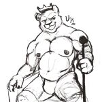 anthro bottomwear bulge clothing crown danny_smoke_in_furry_land felid headgear hi_res king king_magnum male mammal musclegut muscular muscular_anthro muscular_male nipples pantherine pecs royalty shorts sitting smile solo unknownbear10