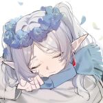  1girl blue_flower blue_scarf closed_eyes closed_mouth elf flower frieren grey_hair head_wreath long_hair long_sleeves parted_bangs pointy_ears scarf shishan979_(seleneebai) simple_background sketch sleeping solo sousou_no_frieren upper_body white_background 