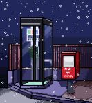  commentary night no_humans original outdoors payphone phone phone_booth pixel_art postbox_(outgoing_mail) railing sidewalk snowing yaki_tai 