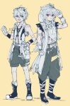  2boys :d antenna_hair arm_scarf bandaid bandaid_on_arm bandaid_on_face bandaid_on_nose belt belt_pouch bennett_(genshin_impact) bone_necklace boots clenched_hand closed_mouth coat collarbone collared_shirt commentary_request eme_(eme_gs31) expressionless fold-over_boots genshin_impact gloves goggles goggles_on_head green_eyes greyscale greyscale_with_colored_background hair_between_eyes hand_on_own_hip hand_up highres hood hood_up hooded_coat jewelry long_hair looking_at_viewer male_focus monochrome multiple_boys navel necklace open_clothes open_coat open_mouth pants pouch razor_(genshin_impact) red_eyes scar scar_on_arm scar_on_cheek scar_on_face scar_on_shoulder shirt short_hair shorts sidelocks simple_background sleeveless sleeveless_coat sleeveless_shirt smile socks spot_color standing tassel very_long_hair vision_(genshin_impact) yellow_background 