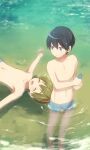  2boys afloat animal black_hair blue_eyes blue_male_swimwear brown_hair child closed_eyes fish free! full_body funikurikurara green_background high_speed! highres holding holding_animal holding_fish male_focus male_swimwear multiple_boys nanase_haruka_(free!) open_mouth outdoors partially_submerged smile tachibana_makoto water water_drop wet wet_hair 