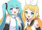  2girls :d absurdres aqua_eyes aqua_hair aqua_necktie bare_shoulders black_sleeves blonde_hair blush bow collared_shirt commentary detached_sleeves hairband hand_up hatsune_miku highres kagamine_rin long_hair looking_at_viewer miz_(mizillustration) multiple_girls neckerchief necktie open_mouth orange_background shirt short_hair sleeveless sleeveless_shirt smile symbol-only_commentary twintails upper_body v v_over_mouth vocaloid white_background white_bow white_hairband white_shirt yellow_neckerchief 