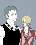 2boys black_tank_top blonde_hair cigarette collared_shirt curly_eyebrows enahr_1111 goggles goggles_around_neck green_hair hair_over_one_eye korean_commentary looking_to_the_side male_focus multiple_boys one_piece pink_hair roronoa_zoro sanji_(one_piece) shirt short_hair smoke tank_top upper_body 
