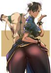  2girls ass bent_over beret blonde_hair blue_dress blue_eyes blush boots bracelet braid breasts brown_eyes brown_hair brown_pantyhose bun_cover cammy_white china_dress chinese_clothes chun-li clothes_lift commentary_request double_bun dress dress_lift green_leotard hair_bun hand_up hat jewelry kamisimo_90 leotard long_hair looking_at_viewer medium_breasts multiple_girls pantyhose pelvic_curtain puffy_sleeves red_hat sash scar scar_on_cheek scar_on_face smile spiked_bracelet spikes standing street_fighter thighs twin_braids 