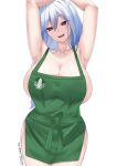  1girl absurdres amai-pai apron armpits arms_up artist_name blue_hair blush breasts cleavage collarbone cowboy_shot fanbox_username green_apron hair_between_eyes head_tilt highres hololive huge_breasts looking_at_viewer mole mole_on_armpit naked_apron patreon_username pekomama presenting_armpit red_eyes sideboob simple_background smile solo virtual_youtuber white_background 