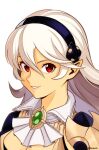  1girl artist_name corrin_(female)_(nohr_noble)_(fire_emblem) corrin_(fire_emblem) fire_emblem fire_emblem_fates fire_emblem_heroes grey_hair hairband highres long_hair official_alternate_costume parted_lips pointy_ears red_eyes simple_background smgold smile solo upper_body white_background 