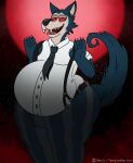 anthro beastars belly big_belly blood_moon canid canine canis claws clothing fangs fur furrylovepup_v2 grey_body grey_fur hi_res legoshi_(beastars) male mammal open_mouth overweight overweight_anthro overweight_male red_eyes school_uniform star tail teeth thick_thighs uniform wolf