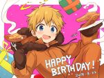 1boy blonde_hair blue_eyes blush box dated food fork fur-trimmed_hood fur_trim gift gift_box haizai happy_birthday holding holding_fork hood hood_down jacket kenny_mccormick looking_at_viewer male_focus mittens open_mouth plate short_hair smile solo south_park tearing_up waffle 