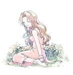  1girl arm_behind_back bangle bare_shoulders barefoot bracelet breasts brown_hair choker closed_eyes dress final_fantasy final_fantasy_vii final_fantasy_vii_rebirth final_fantasy_vii_remake flower flower_bed full_body jewelry kneeling lily_(flower) long_dress long_hair medium_breasts michibata_65 open_mouth parted_bangs pink_dress ribbon_choker sidelocks smile solo wavy_hair white_background yellow_flower 