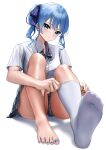  1girl absurdres adjusting_clothes adjusting_legwear barefoot blue_eyes blue_hair blue_ribbon bow bowtie breasts closed_mouth collared_shirt eyelashes feet foot_focus foreshortening full_body grey_bow grey_bowtie grey_skirt hair_ribbon highres hololive hoshimachi_suisei knees_up laimer legs long_hair looking_at_viewer miniskirt nail_polish no_shoes official_alternate_costume on_ground plaid plaid_bow plaid_bowtie plaid_skirt pleated_skirt ribbed_socks ribbon school_uniform shadow shiny_skin shirt short_sleeves side_ponytail sidelocks sitting skirt small_breasts socks soles solo star_(symbol) star_in_eye swept_bangs symbol_in_eye thighs toenail_polish toenails toes virtual_youtuber white_background white_socks 