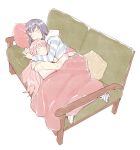  2girls bad_id bad_pixiv_id blanket blue_hair blue_hoodie closed_eyes closed_mouth couch highres hood hood_down hoodie hug ilhi long_hair lying magia_record:_mahou_shoujo_madoka_magica_gaiden mahou_shoujo_madoka_magica multiple_girls nanami_yachiyo on_side pillow pink_hair pink_socks purple_socks short_hair simple_background sleeping socks striped_clothes striped_hoodie striped_socks tamaki_iroha white_background yellow_hoodie yuri 