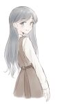  1girl blue_eyes blush dress earrings free_palet grey_hair highres jewelry long_hair long_sleeves looking_at_viewer looking_back open_mouth original pinafore_dress sleeveless sleeveless_dress smile solo 