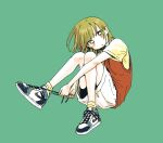  1girl :o commentary full_body green_background green_eyes green_hair head_tilt highres kouji_miura looking_at_viewer nike_(company) original parted_lips red_vest shirt shoelaces shoes short_hair simple_background sitting sketch skirt sneakers socks solo vest white_skirt yellow_shirt yellow_socks 