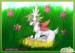 accessory eeveeextreme female feral flower flower_in_hair generation_4_pokemon grass_field hair hair_accessory hi_res land_forme_shaymin legendary_pokemon male male/female nintendo plant pokemon pokemon_(species) pollen shaymin sky_forme_shaymin