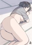  1girl artist_name ass bob_cut breasts brown_hair dated feet_out_of_frame grey_shirt hadashi_no_kenji highres indoors looking_at_viewer original panties parted_bangs shirt short_hair solo tatami underboob underwear white_panties 