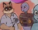 2024 anthro biped blush brown_body clothing duo grey_body low_res machine male mammal mortuss_mortem open_mouth procyonid raccoon rascal_(robot_dreams) robot robot_(robot_dreams) robot_dreams shirt slightly_chubby spatula tools topwear