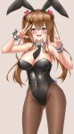 1girl :d absurdres animal_ears arms_up ass_visible_through_thighs bangs bare_arms bare_shoulders between_breasts black_leotard black_necktie breasts brown_hair brown_pantyhose cleavage covered_navel cowboy_shot crossed_bangs detached_collar dot_nose fake_animal_ears fake_tail girls&#039;_frontline hair_between_eyes hair_ornament hands_up heart heart_hair_ornament highleg highleg_leotard highres hoppo korean_commentary large_breasts legs_apart leotard looking_at_viewer necktie necktie_between_breasts pantyhose playboy_bunny rabbit_ears rabbit_tail red_eyes scar scar_across_eye scar_on_face smile solo standing strapless strapless_leotard tail teeth twintails ump9_(girls&#039;_frontline) upper_teeth v w wrist_cuffs 