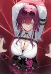  1girl 1other bound breasts cleavage collared_shirt commentary eyewear_on_head harness high-waist_shorts highres honkai:_star_rail honkai_(series) kafka_(honkai:_star_rail) large_breasts long_hair long_sleeves looking_at_viewer pantyhose purple_eyes purple_hair purple_pantyhose round_eyewear setsuaiart shirt shorts smile sweat tied_up_(nonsexual) twitter_username white_shirt 