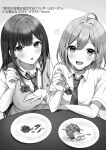  2girls :o ahoge arm_on_table artist_name black_choker blush breasts choker collarbone commentary_request copyright_name copyright_notice danjo_no_yuujou_wa_seiritsu_suru? diagonal-striped_clothes diagonal-striped_necktie enomoto_rion feeding fork frown greyscale hair_ornament hairclip hand_up highres holding holding_fork inuzuka_himari large_breasts long_hair looking_at_viewer monochrome multiple_girls necktie novel_illustration official_art parum39 plate school_uniform second-party_source shirt short_hair smile striped_clothes sweater table teeth upper_body upper_teeth_only very_long_hair wing_collar 