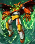  absurdres artist_logo cape commentary_request electricity floating_cape full_body getter-1 getter_robo getter_robo_(1st_series) highres mecha mecha_focus moyan no_humans open_hands red_cape robot science_fiction solo super_robot twitter_username yellow_eyes 