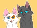 2011 ambiguous_feral ambiguous_gender blue_eyes cow_of_the_wild digital_drawing_(artwork) digital_media_(artwork) domestic_cat duo eye_contact felid feline felis female_(lore) feral fur graystripe64 green_eyes grey_body grey_fur looking_at_another male_(lore) mammal markings multicolored_body multicolored_fur open_mouth open_smile pink_inner_ear pink_nose sammy_(cotw) shaded simple_background smile torrie_(cotw) whiskers white_body white_fur yellow_background