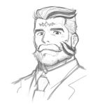  1boy bara beard collared_shirt doosoo facial_hair facial_mark forehead_mark full_beard highres looking_at_viewer male_focus mature_male mismatched_eyebrows monochrome multicolored_hair necktie portrait raven_arthur_(housamo) shirt simple_background sketch solo streaked_beard streaked_hair thick_eyebrows thick_mustache tokyo_afterschool_summoners white_background 
