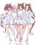  4girls :d absurdres alternate_costume animal_ears bare_shoulders brown_hair cherry_blossoms clothes_lift dress dress_lift ear_covers flower flower_in_eye gloves gold_hairband hair_between_eyes hair_flower hair_ornament hairband haru_urara_(umamusume) high_heels highres horse_ears horse_girl horse_tail kumo_(mokumoku_warabi) lifted_by_self long_hair looking_at_viewer multiple_girls parted_bangs petals pink_eyes pink_hair ponytail purple_eyes purple_hair sakura_bakushin_o_(umamusume) sakura_chiyono_o_(umamusume) sakura_laurel_(umamusume) sidelocks simple_background sleeveless sleeveless_dress smile swept_bangs symbol_in_eye tail tareme trait_connection tsurime umamusume victory_club_(umamusume) white_background white_dress white_footwear white_gloves white_hairband 
