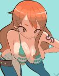  1girl akisas99 aqua_background bare_shoulders belt bent_over bikini bikini_top_only blue_pants blush breast_press breasts brown_belt brown_eyes cleavage closed_mouth collarbone denim dot_nose earrings green_bikini groin hair_over_breasts hair_over_one_breast hair_over_shoulder hand_on_own_hip highres jeans jewelry large_breasts long_hair looking_at_viewer midriff multicolored_bikini multicolored_clothes nami_(one_piece) one_piece orange_hair pants shiny_skin short_eyebrows shoulder_tattoo signature simple_background smile solo swimsuit tattoo thick_eyebrows tight_clothes tight_pants very_long_hair white_bikini 