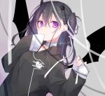  1girl bandaged_neck bandages bangs black_hair black_shirt black_wings breasts broken_horn closed_mouth collared_shirt commentary_request demon_girl demon_horns demon_wings dress_shirt hair_between_eyes hair_ribbon hands_up heart heart-shaped_pupils horns kuroi_(liar-player) long_hair long_sleeves looking_at_viewer one_side_up original purple_eyes ribbon shirt sleeves_past_fingers sleeves_past_wrists small_breasts solo symbol-shaped_pupils twitter_username upper_body white_ribbon wings 