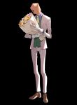  1boy bag black_background bouquet faust_(guilty_gear) flower formal full_body gloves glowing glowing_eye guilty_gear guilty_gear_strive guilty_gear_xrd highres holding holding_bouquet jacket long_fingers long_sleeves male_focus necktie pants paper_bag purple_flower red_eyes rose simple_background standing suit white_flower white_gloves white_jacket white_pants white_suit yeji36 yellow_flower yellow_necktie yellow_rose 