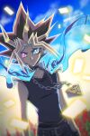  1boy bangs bare_shoulders belt_collar black_hair blonde_hair blue_eyes card collar commentary_request day dyed_bangs highres male_focus millennium_puzzle multicolored_hair outdoors purple_eyes raijin-bh shirt smile solo spiked_hair yami_yuugi yu-gi-oh! 