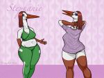 1:1 2023 anthro avian beak big_breasts big_butt bird bottomless bra breasts butt cayugo clothed clothing digital_media_(artwork) eyelashes eyeshadow female fingers front_view green_clothing green_eyes hair hand_on_neck hi_res long_hair looking_at_viewer makeup multicolored_body navel non-mammal_breasts open_mouth orange_beak overweight overweight_anthro overweight_female polka_dot_clothing purple_eyeshadow rear_view red_body red_hair red_skin shirt shirt_only signature simple_background smile solo sports_bra sportswear stephanie_(cayugo) stork thick_thighs tongue topwear topwear_only two_tone_body underwear white_body wide_hips