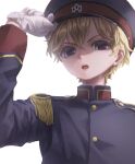  1boy adjusting_clothes adjusting_headwear blonde_hair epaulettes gloves hand_up kiyomiya_tenryu long_sleeves looking_at_viewer male_focus polye solo uniform upper_body white_background white_gloves witch_watch 