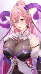 1girl amezuku bare_shoulders blush breasts curled_horns fire_emblem fire_emblem_heroes gloves goat_horns highres horns huge_breasts large_breasts long_hair looking_at_viewer nerthuz_(fire_emblem) pink_hair ponytail purple_eyes solo twitter_username upper_body very_long_hair white_gloves 