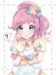  1girl :o ? bad_id bad_twitter_id blue_eyes commentary_request detached_collar gloves hands_up hat heart highres inactive_account jacket kiratto_pri_chan long_hair looking_at_viewer mini_hat momoyama_mirai open_mouth pink_hair ponytail pretty_series shirt shiyurinpu sidelocks solo spoken_question_mark white_background white_shirt yellow_gloves yellow_jacket 